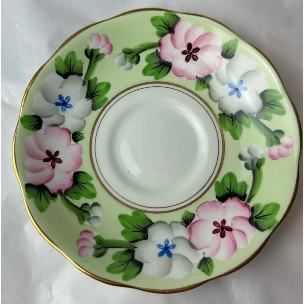 Royal Albert tea cup and saucer England Fine bone china Pink white & apple green
